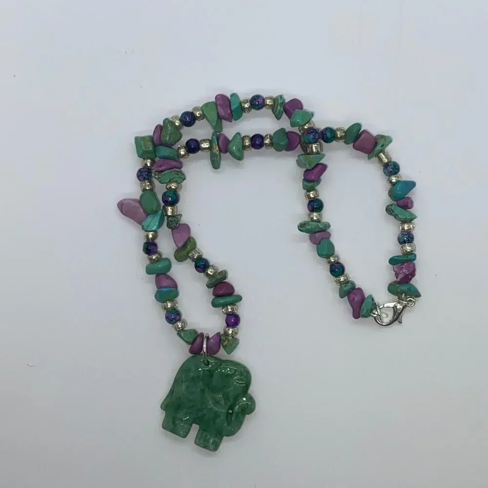 Girls Handmade Rock Beaded Green Elephant Necklace